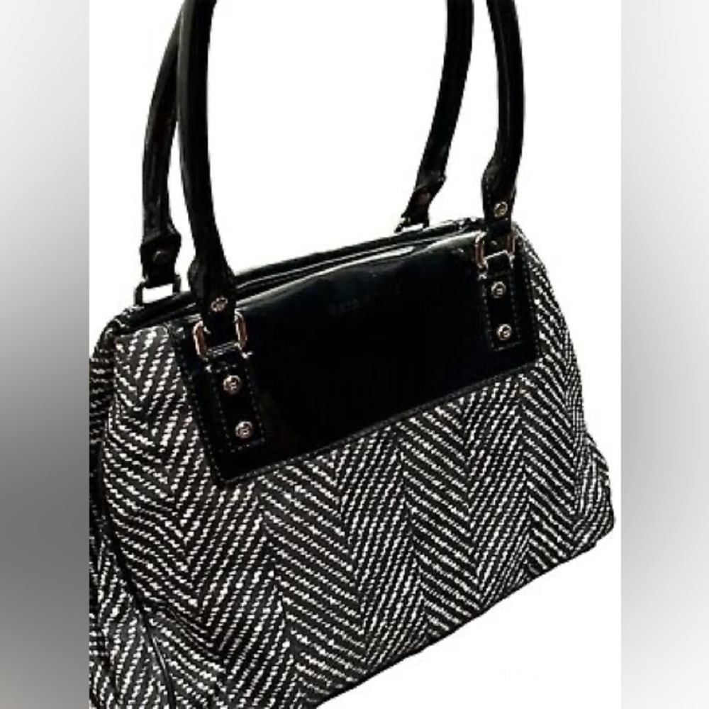 Kate Spade New York Black White Anisha Tote Patent Leather Nylon Chevron Handbag
